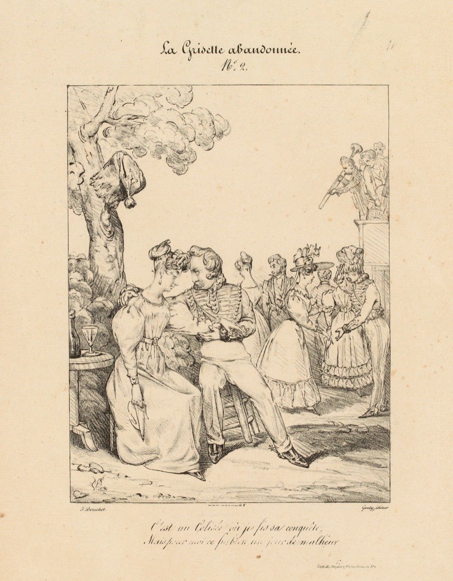 French lithograph with rear-facing trombone, c. 1828