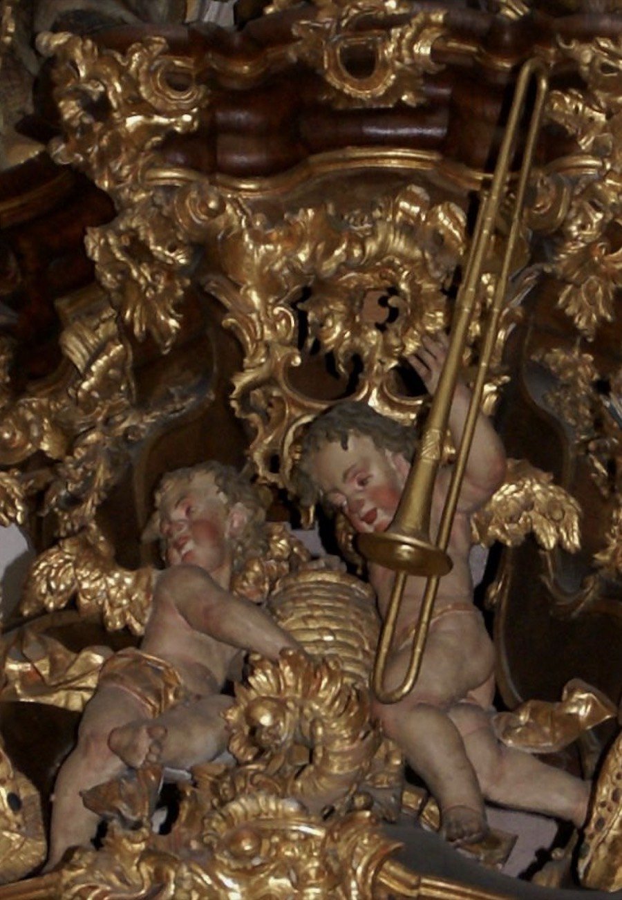 Gilded cherub with trombone, Bamberg, 1751