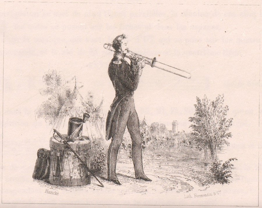 19th-century lithograph of a standing trombonist playing in the open air