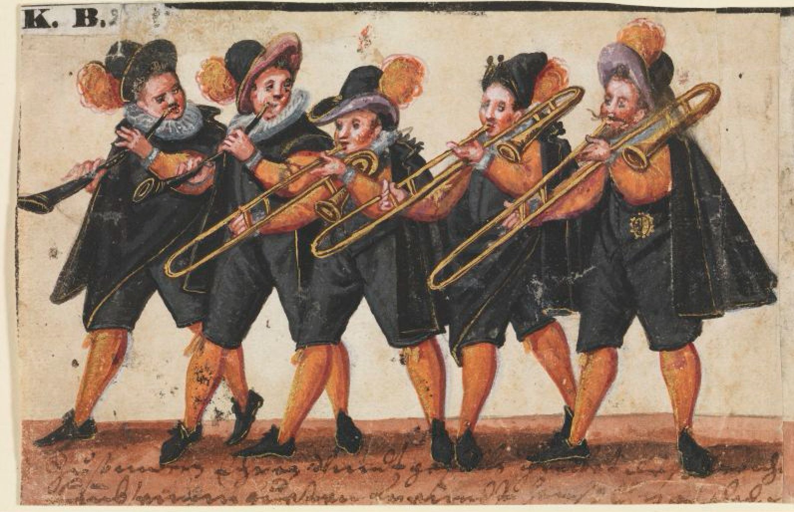Trombone-cornett quintet in a wedding procession (Germany, ca. 1590)